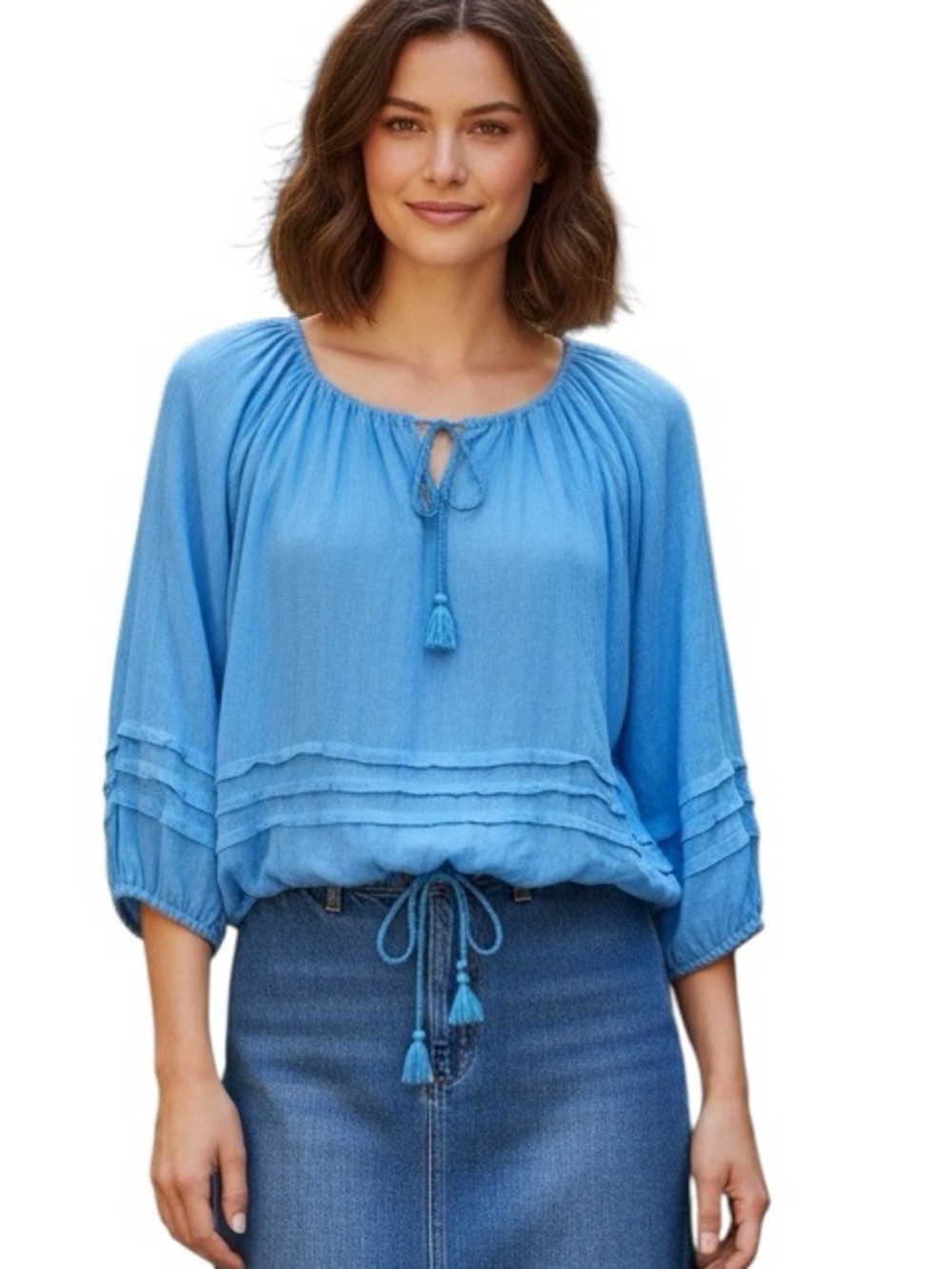 Denim & Supply Ralph Lauren XL Boho Peasant Top Blue Chambray Cotton Tie Neck